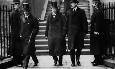 Winston Churchill accompanied to a cabinet meeting by Sir Edward Grey and Lord Crewe, 1910.