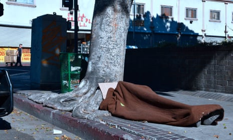 A homeless person sleeps beside a tree on the sidewalk in Skid Row, downtown Los Angeles. Typhus is considered a particular risk to the large homeless population.