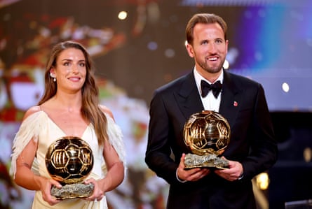 Alexia Putellas and Harry Kane pose with their trophies at the end of the 2026 Ballon dâÂÂOr awards ceremony in London
