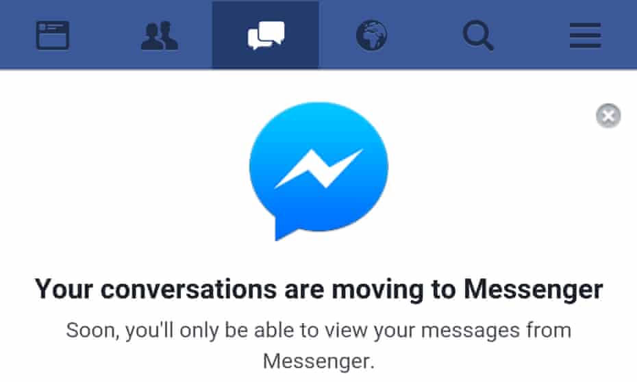 Facebook Messenger warning from the m.facebook.com mobile site