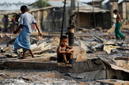 Shelters destroyed by fire at a camp for internally displaced Rohingya Muslims in Rakhine state.