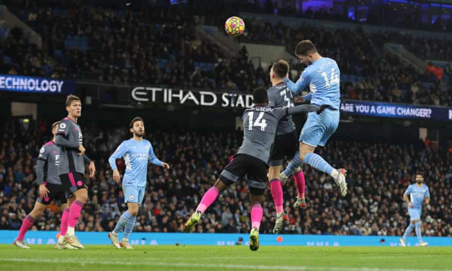 Aymeric Laporte scores Manchester City’s fifth goal against Leicester.