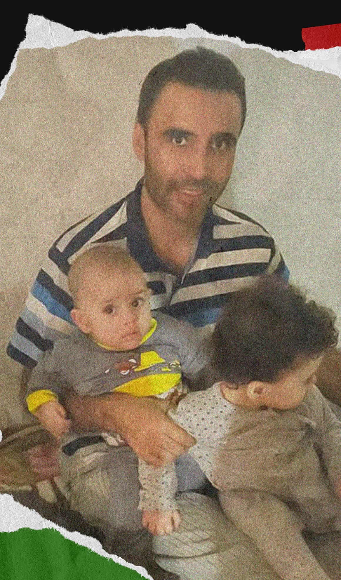 Hazem Rahma, wearing a striped polo shirt, is photographed with a baby and toddler in his arms.