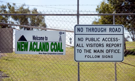 A sign at the entrance to the New Acland coal mine in Acland, about 200km west of Brisbane