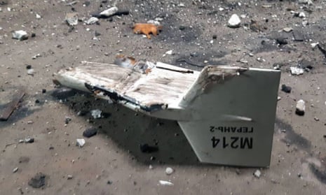 The wreckage of what Kyiv has described as an Iranian Shahed drone downed near Kupiansk, Ukraine.