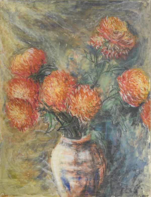 Orange Dahlias in a Vase, 1961, signed R.Barrett.