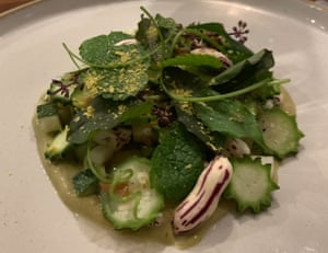 Sliced young angled luffa gourds served at Pipit in Byron Bay