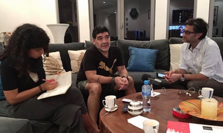 Kapadia, right, with Diego Maradona during an interview for the documentary he made about the footballer.