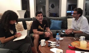 Asif Kapadia speaks with Diego Maradona at the Argentinian’s home in Dubai. Lina Caicedo, a Spanish language producer on the documentary, takes notes.
