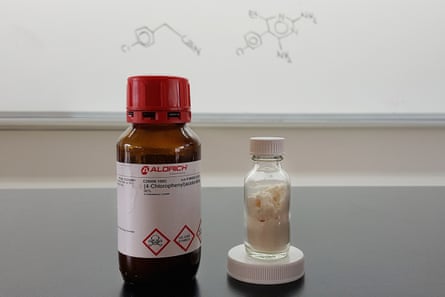 Ingredients for Daraprim with the powdered drug the students created in their school lab.