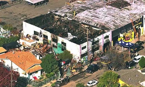 An image from video provided by KGO-TV shows the Ghost Ship Warehouse after a fire that started late on Friday.
