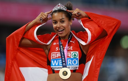 Audrey Werro of Switzerland poses with her gold medal after winning the women’s 800m final at the European Athletics Championships.