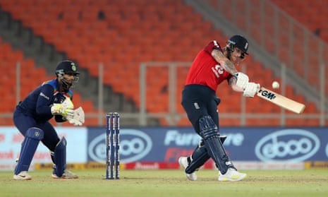 England's Ben Stokes hits a six in a T20 international against India in March 2021
