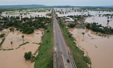 Aerial view shows the nearly submerged community either side of main road
