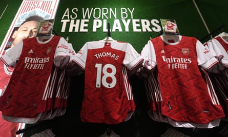 Shirts featuring the name of Arsenal’s new signing Thomas Partey on display at Emirates Stadium.
