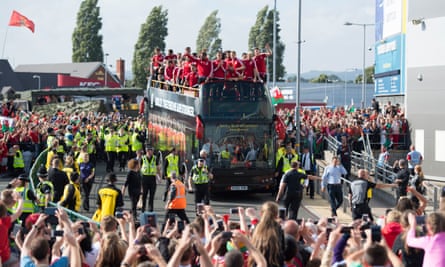 The Wales team arrive at the the Cardiff City Stadium on an open top bus in 2016