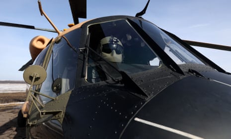 A pilot’s helmet in a Ukrainian helicopter in the country’s east last month