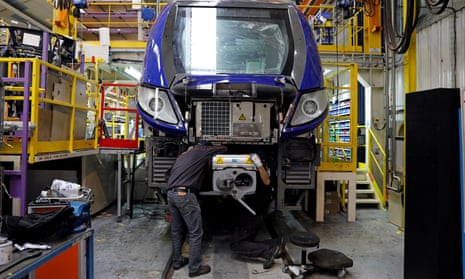 An employee works on a new regional transport train at the Bombardier plant in Crespin, near Valenciennes, northern France.