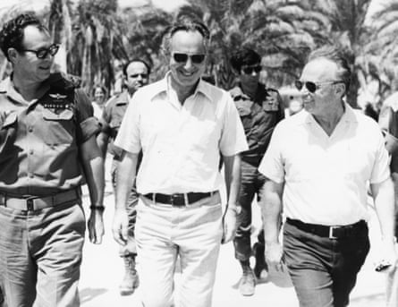(L to R) Mordechai Gur, Peres, and Rabin during a tour of the forces on the Egyptian front during the six-day war in June 1967.