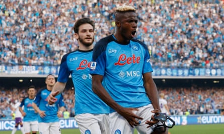 Victor Osimhen celebrates converting a penalty for Napoli against Fiorentina