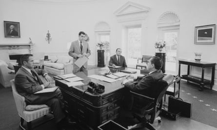 President Nixon meets with chief advisers in the Oval Office. Pictured: HR Haldeman, Dwight Chapin, John D. Ehrlichman, President Richard Nixon.