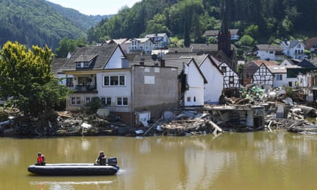 GERMANY-EUROPE-WEATHER-CLIMATE-FLOODS<br>Military personnel inspects the area on a boat across the Ahr river in Rech, Rhineland-Palatinate, western Germany, on July 21, 2021, after devastating floods hit the region. (Photo by Christof STACHE / AFP) (Photo by CHRISTOF STACHE/AFP via Getty Images)