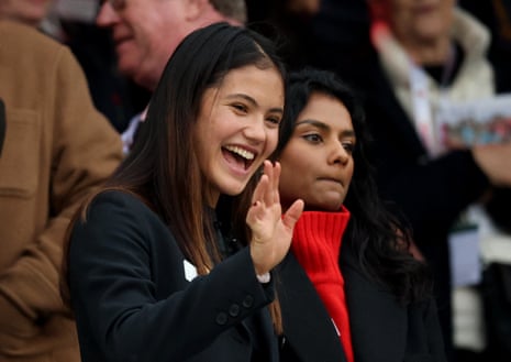 British tennis player Emma Raducanu waves from the stands before the England v New Zealand Autumn International.