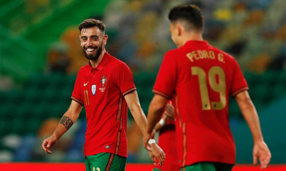 Bruno Fernandes smiles after scoring one of his two goals for Portugal against Israel in a pre-Euro 2020 friendly.