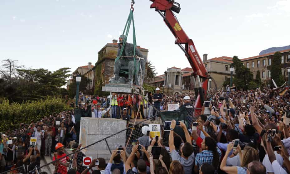 A statue of Cecil Rhodes being removed from the University of Cape Town campus, South Africa, 2015