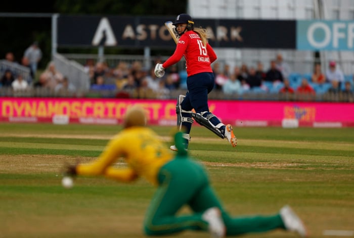 England’s Sophie Ecclestone hits a 4 past South Africa’s Nonkululeko Mlaba.