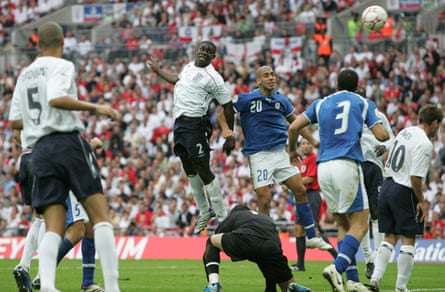 Micah Richards heads England’s third goal in a 3-0 Euro 2008 qualification game against Israel at Wembley