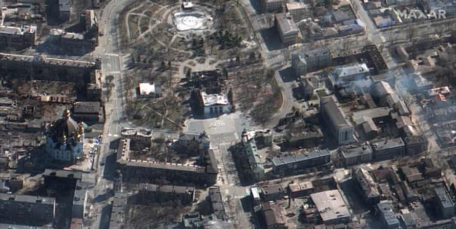 A satellite image of the bombed Mariupol theatre
