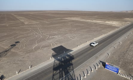 The Pan-American highway cuts through the Nazca Lines which are some 450km south of Lima, the capital of Peru.