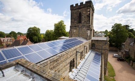Solar panels on a church roof in Melbourne, Derbyshire