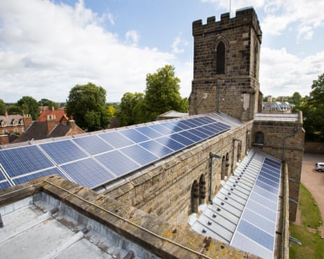 Solar panels on a church roof in Melbourne, Derbyshire