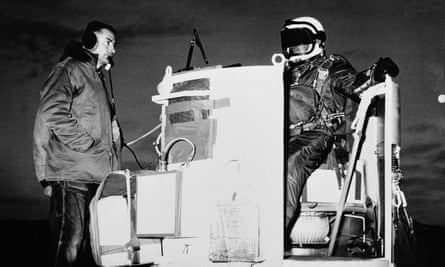 Joseph Kittinger in a balloon gondola for his first test jump in New Mexico, 1959.