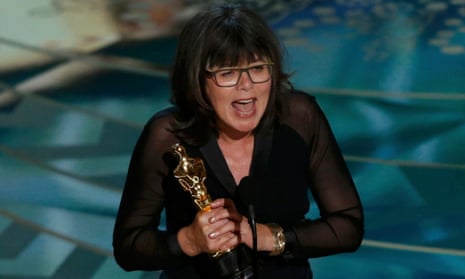 Margaret Sixel accepts the award for best film editing for Mad Max: Fury Road at the 88th Academy awards.