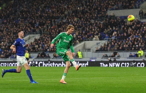 Newcastle United's Nick Woltemade scores their third goal at Everton.