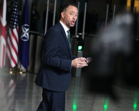 Belgium's foreign minister Maxime Prevot speaks with journalists as he arrives for a meeting of Nato foreign ministers at Nato headquarters in Brussels.