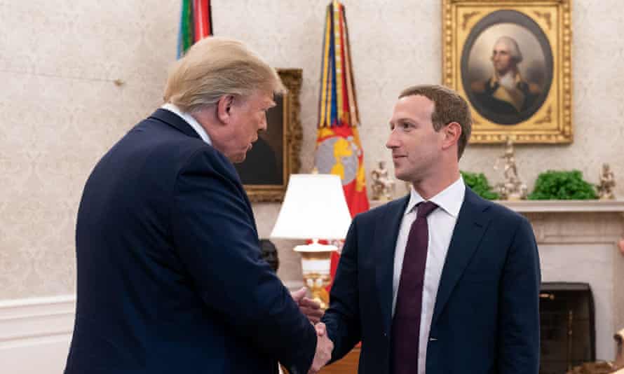 Donald Trump welcomes Facebook CEO Mark Zuckerberg to the White House Oval Office in friendlier times in 2019.