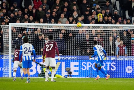 Brighton and Hove Albion’s Danny Welbeck misses a penalty.