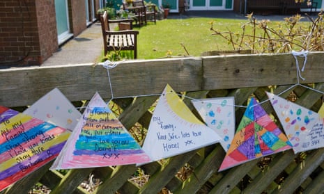 Messages to loved ones tied to the fence outside a nursing home during the Coronavirus lockdown, Ashbourne, Derbyshire.
