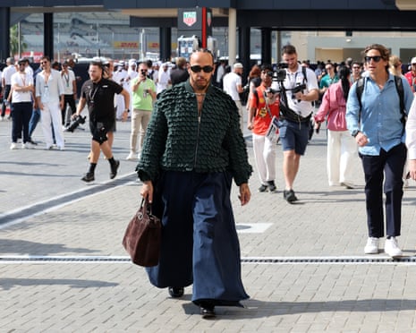 Lewis Hamilton arrives at Yas Marina Circuit.