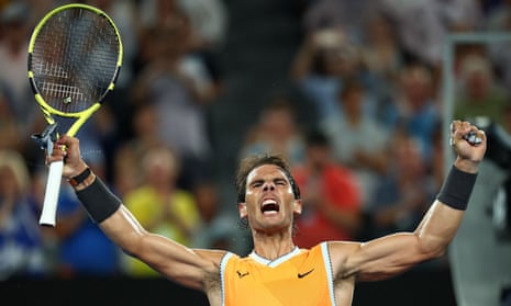 Rafael Nadal celebrates his victory against Stefanos Tsitsipas. 