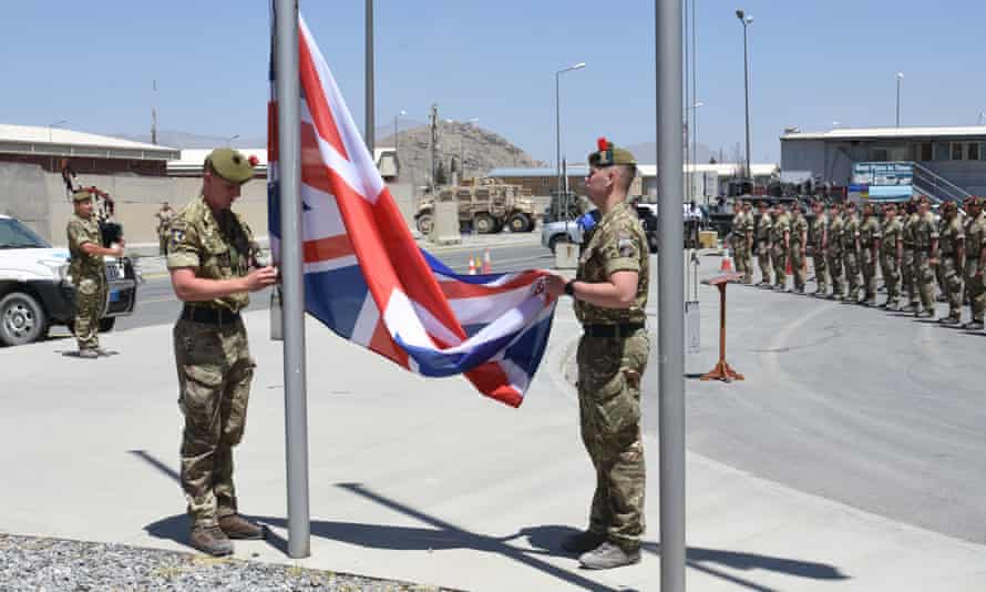 A British army flag-lowering ceremony in Afghanistan, 24 June 2021
