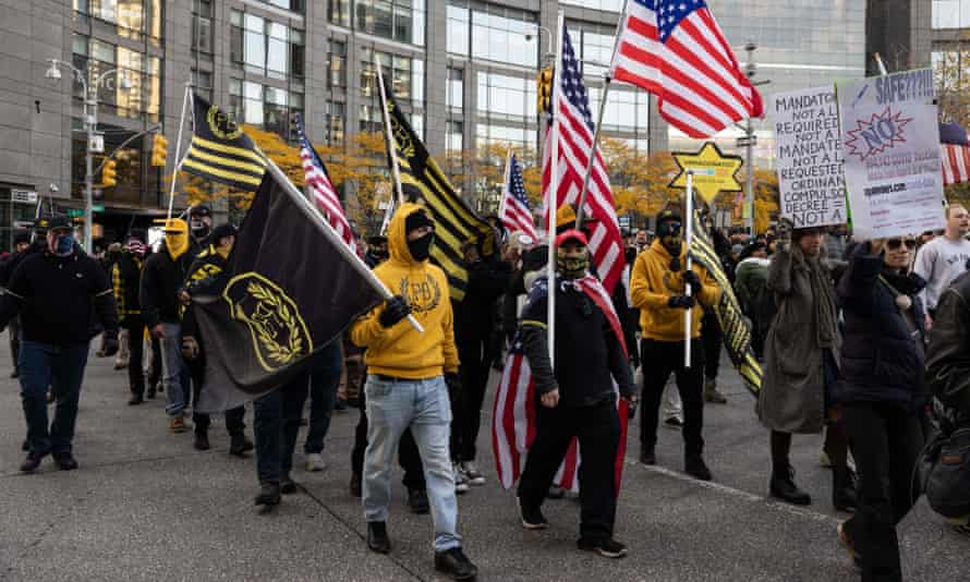 Members of the Proud Boys protest against Covid vaccines in New York City in November.