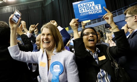 Supporters of the new mayor of the West Midlands, Andy Street, celebrate.