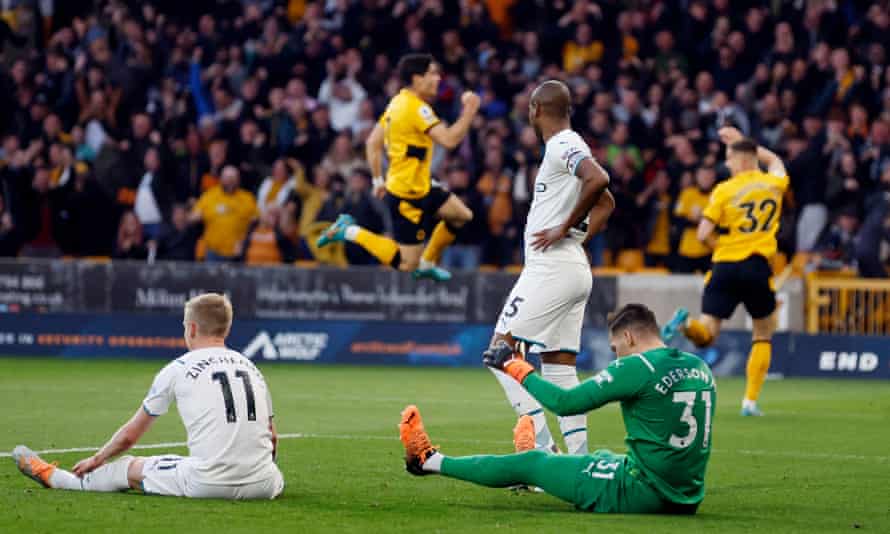 Manchester City’s keeper Ederson looks dejected after Wolves’ Leander Dendoncker scored their equaliser.