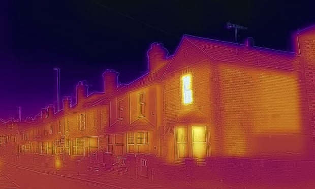 Thermal image of terraced houses in Guildford illustrates the energy cost of heat loss.