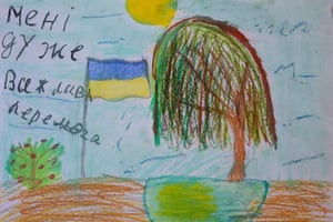 The sun is reflected in a pond. There are trees, flowers and a Ukrainian flag. This is how Khrystyna imagines hope and the future. The words read: ‘Victory is very important to me’